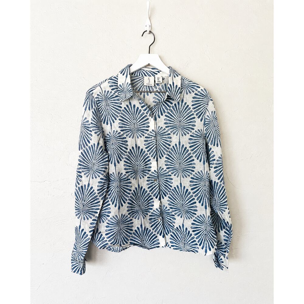 Joie Womens L Blue White 100% Linen Floral Print Button Down Shirt
